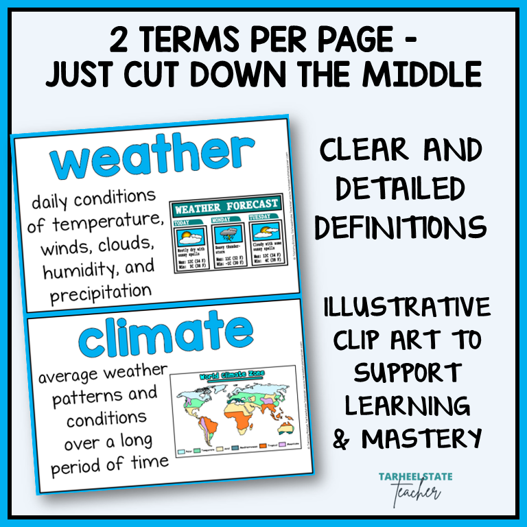 Weather and Climate vocabulary terms on anchor charts with illustrative clip art for science word wall or bulletin board 