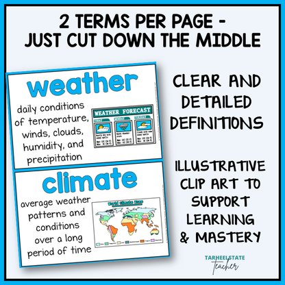 Weather and Climate vocabulary terms on anchor charts with illustrative clip art for science word wall or bulletin board 