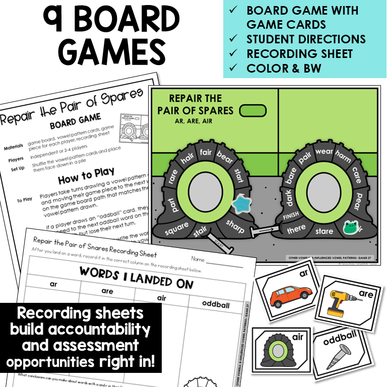 Educational materials including a board game, game cards, and recording sheets for teaching students about r-controlled vowels.