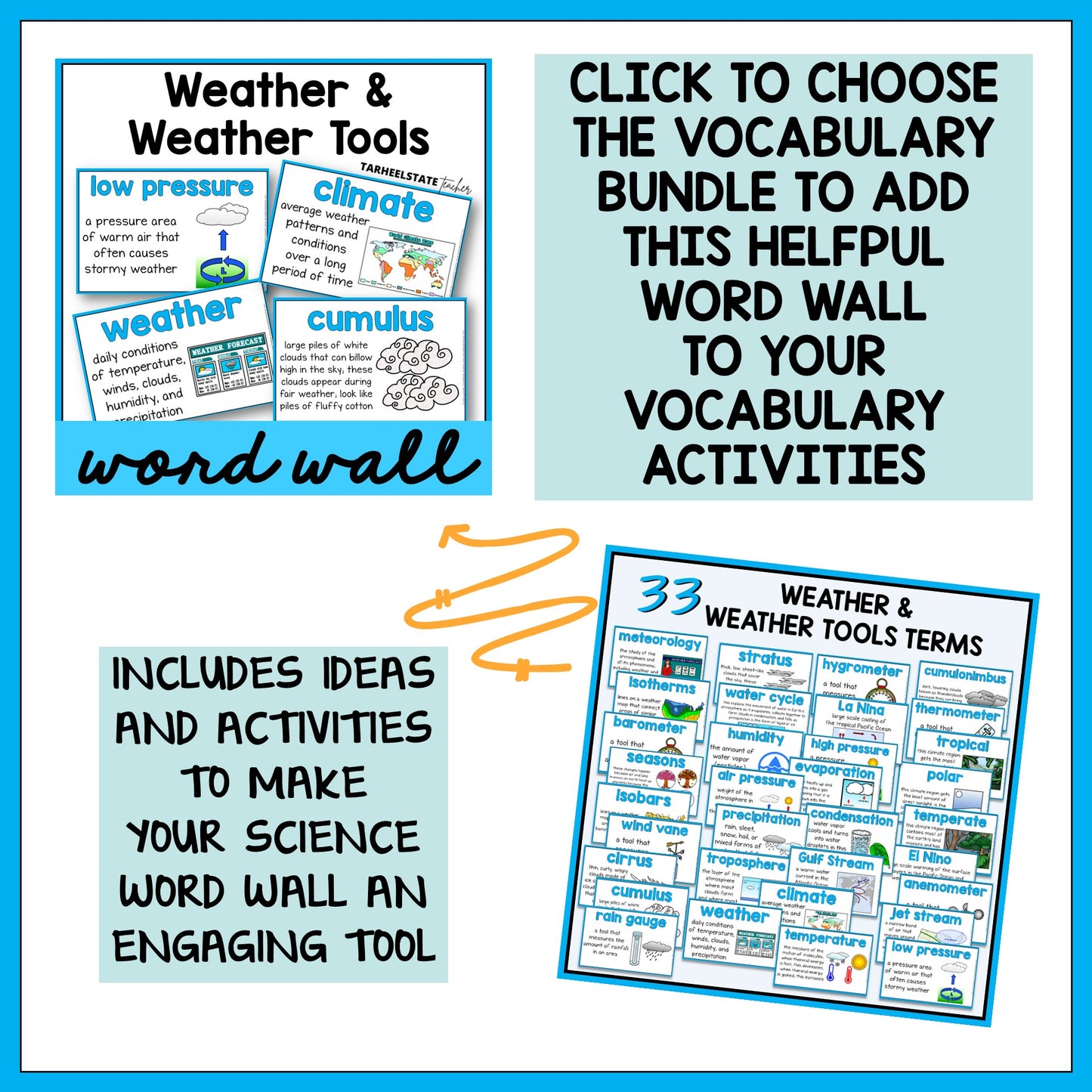 Educational materials for teaching weather vocabulary and tools with a word wall and activities.