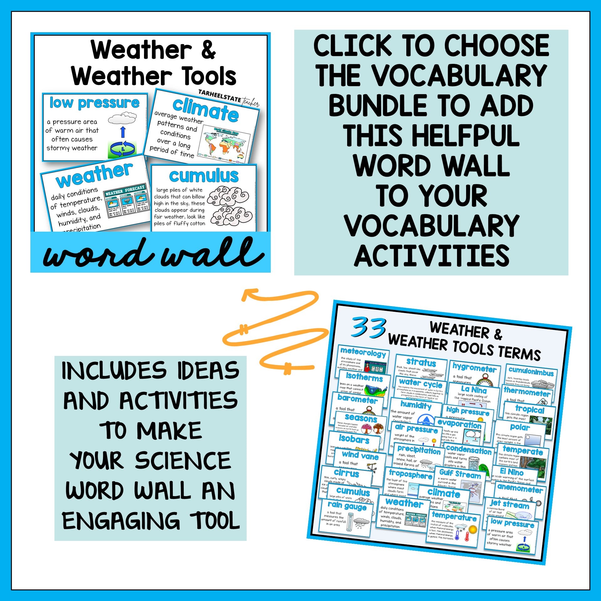 Educational materials for teaching weather vocabulary and tools with a word wall and activities.