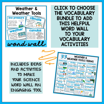 Educational materials for teaching weather vocabulary and tools with a word wall and activities.