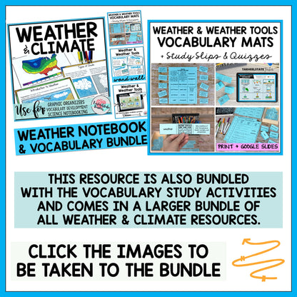 Weather and Climate Vocabulary Activities Mats, Study Slips, & Quizzes