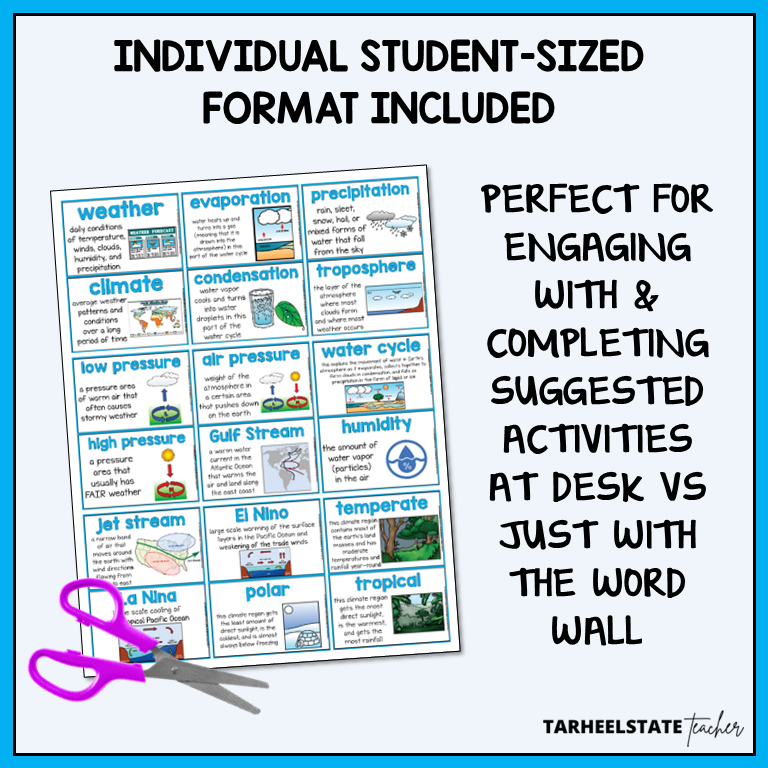 Weather and Climate vocabulary resource includes individual student-sized study and reference sheet to use with vocabulary activities