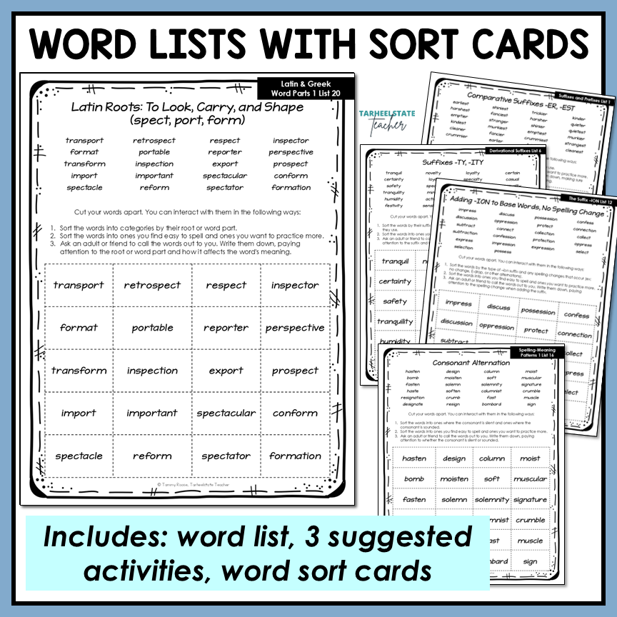 Derivational Relations weekly spelling homework bundle includes a word list, three suggested at-home activities, and word sort cards for each word list in the Derivational Relations stage.