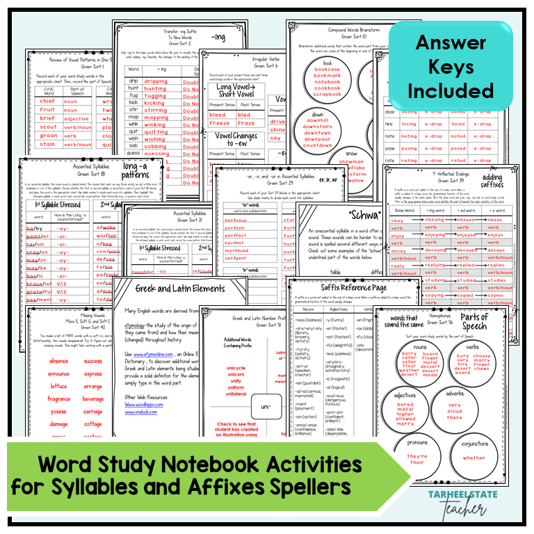 Collection of word study activities with answer keys included, featuring various educational resources for students in the Syllables and Affixes stage.