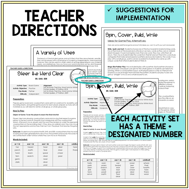 Teacher directions and suggestions for implementation for incorporating word study games and centers in the classroom