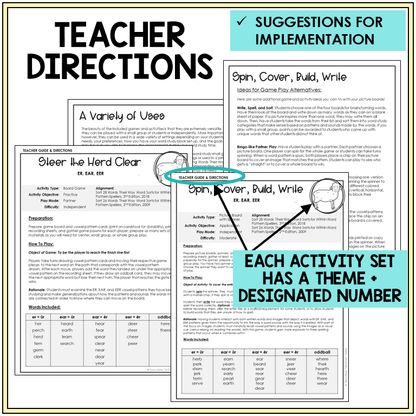 Teacher directions and suggestions for implementation for incorporating word study games and centers in the classroom