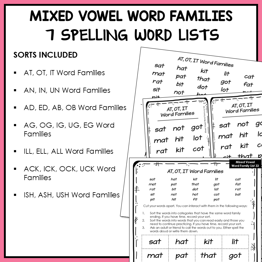 Short A, E, I, O, U Mixed Vowel Word Family Lists Letter Name Activity Printable