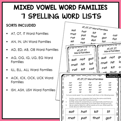 Short A, E, I, O, U Mixed Vowel Word Family Lists Letter Name Activity Printable