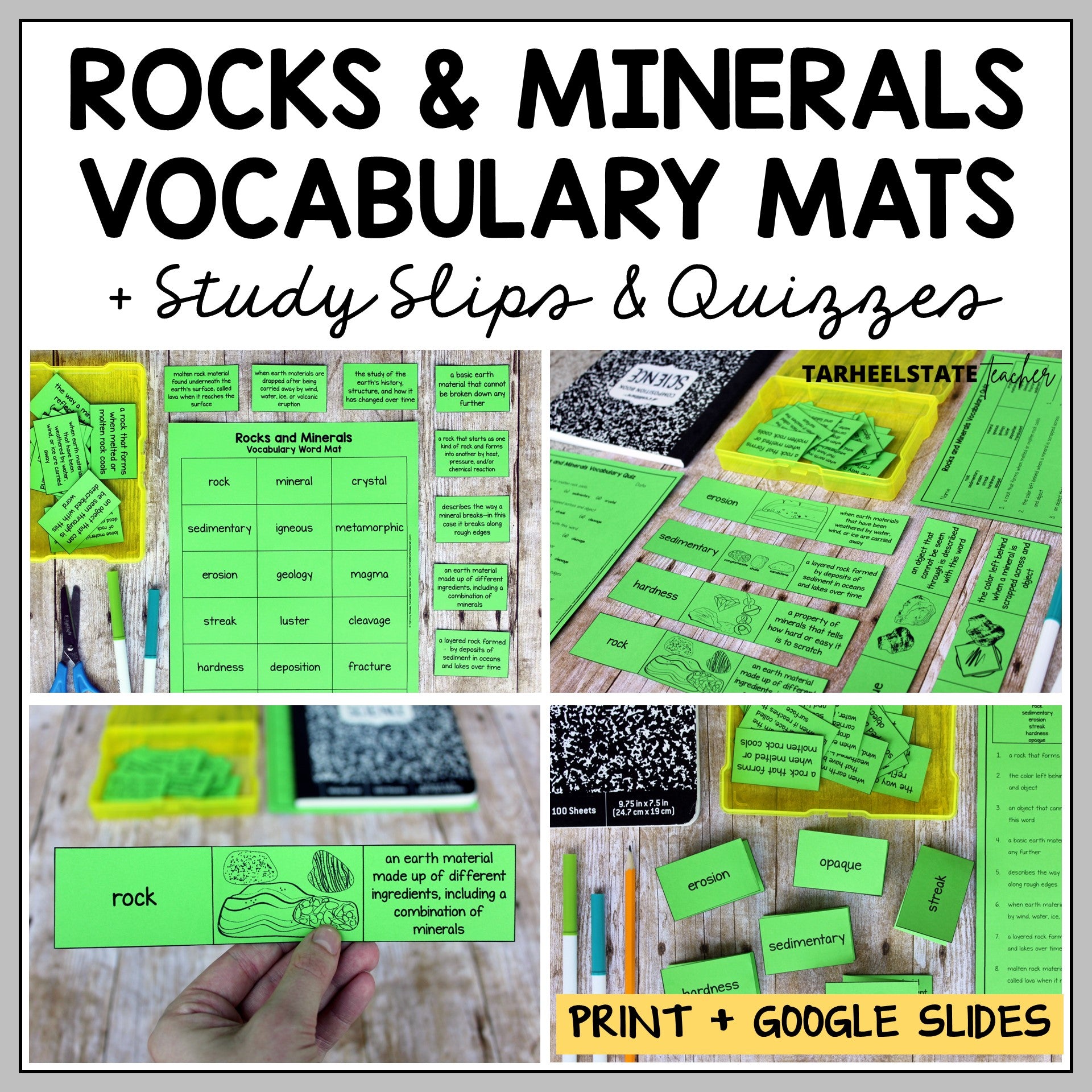 Educational materials for rocks and minerals including vocabulary mats, study slips, and quizzes.