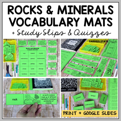 Educational materials for rocks and minerals including vocabulary mats, study slips, and quizzes.