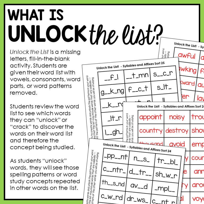 Educational worksheet titled 'Unlock the List' with text and word lists for Syllables and Affixes stage.