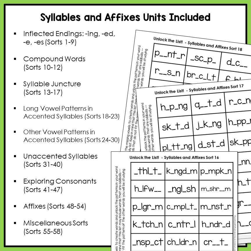 Educational spelling activities on syllables and affixes with sorting sheets.