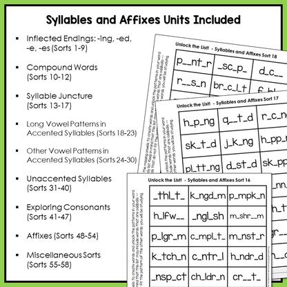 Educational spelling activities on syllables and affixes with sorting sheets.