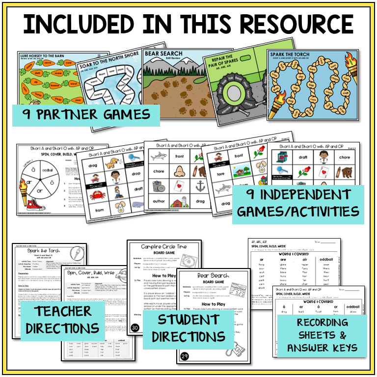 Educational materials including partner games, independent games, teacher and student directions, and recording sheets for teaching r-controlled vowels in the Within Word Pattern stage.