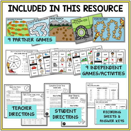 Educational materials including partner games, independent games, teacher and student directions, and recording sheets for teaching r-controlled vowels in the Within Word Pattern stage.