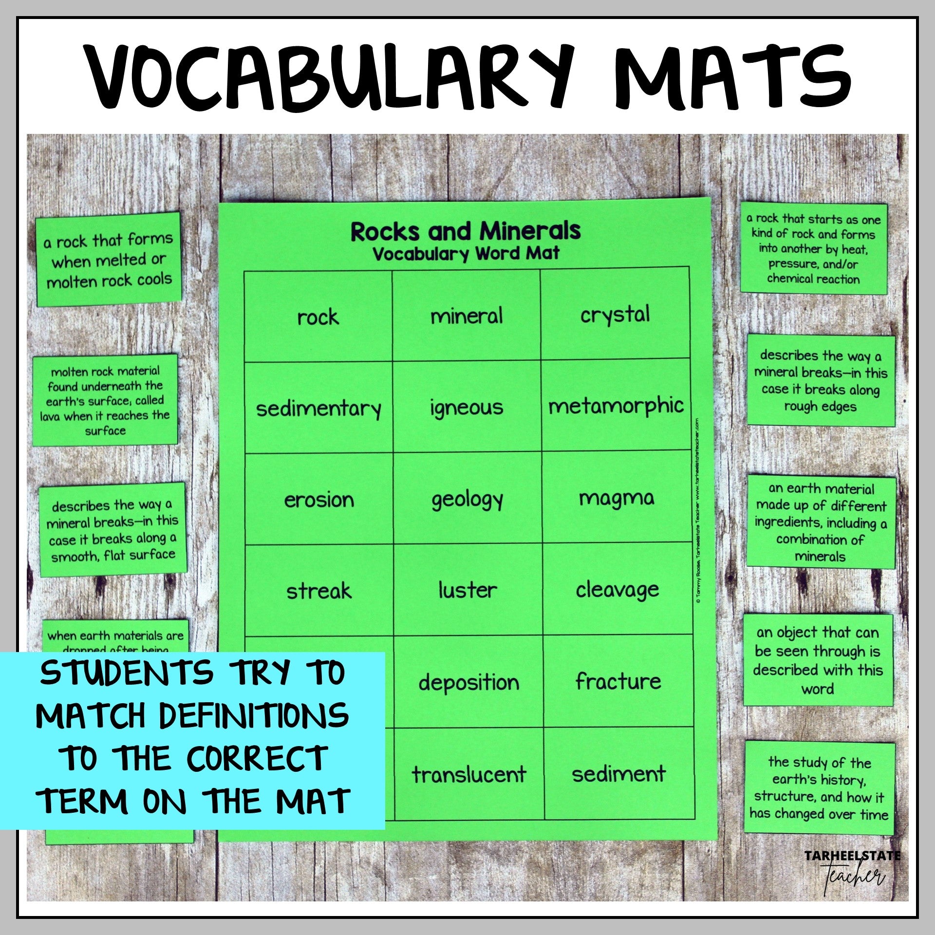 Vocabulary mat for rocks and minerals with definitions and terms