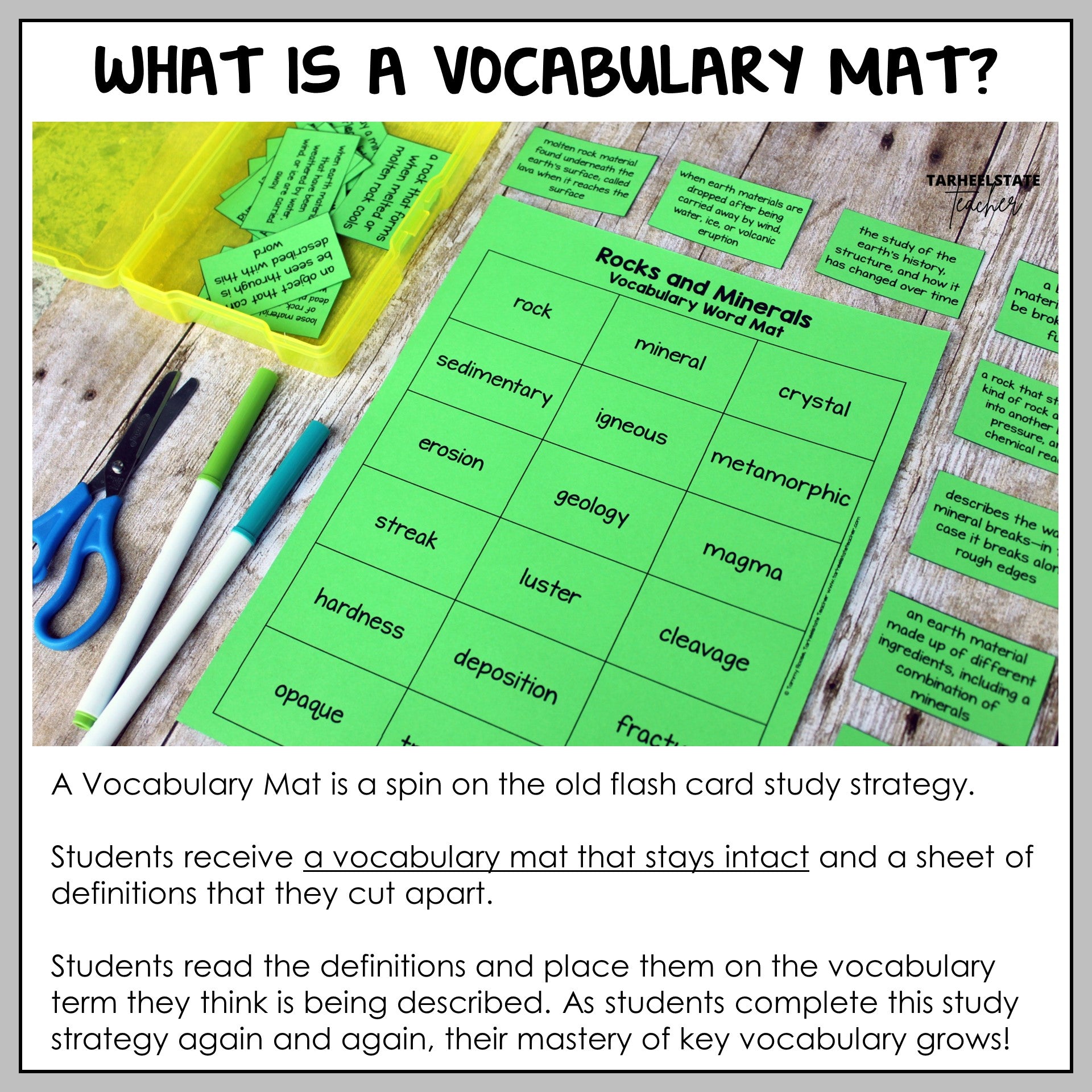 Explanation of how to use vocabulary mats in the classroom for science vocabulary instruction and practice