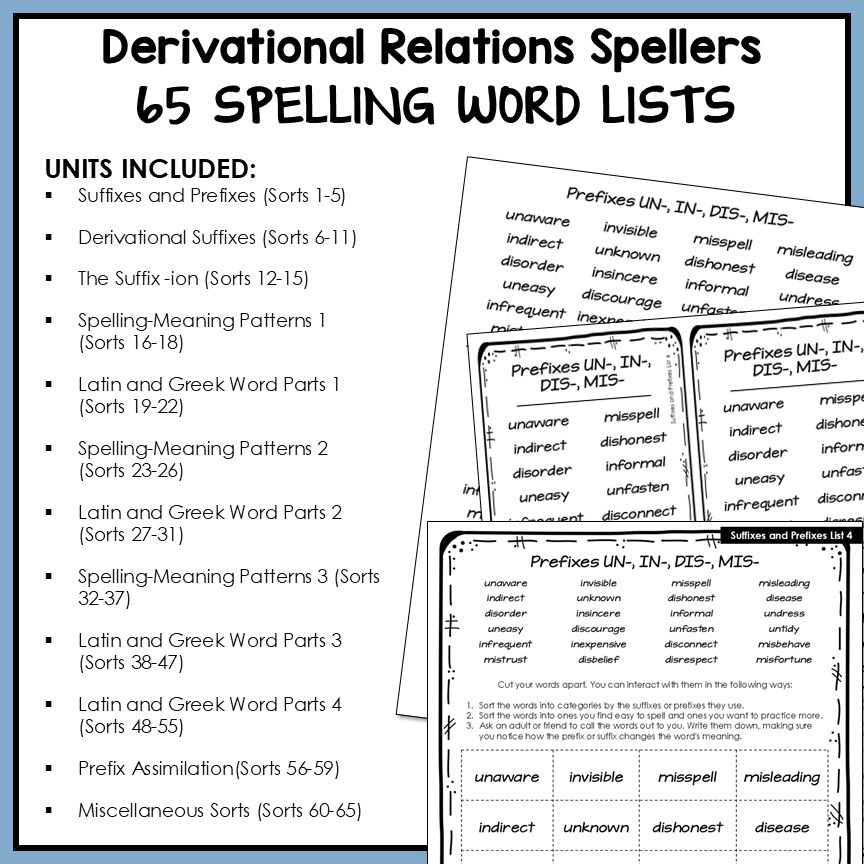 Included spelling word lists in the Derivational Relations weekly spelling homework bundle