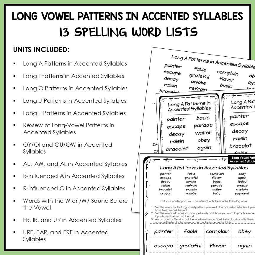 Long Vowel & R Controlled Patterns Accented Syllables Affixes Activity Printable