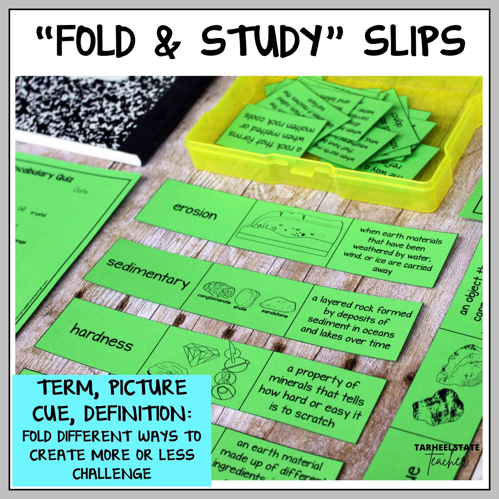 Foldable study slips with vocabulary terms, pictures, and definitions for rocks and minerals