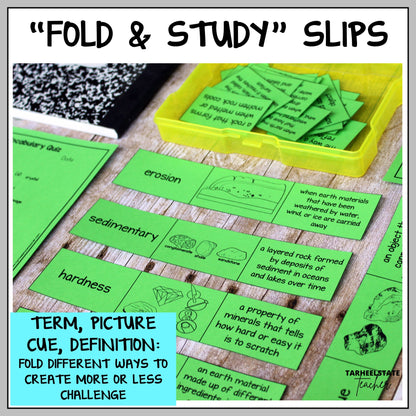 Foldable study slips with vocabulary terms, pictures, and definitions for rocks and minerals