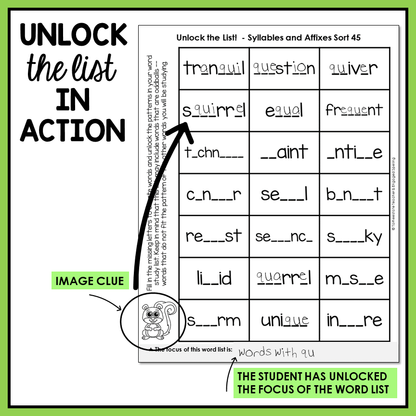 Educational worksheet with word list and sorting activity,
