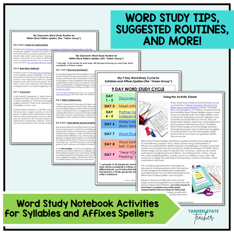 Tips for implementation and suggested word study routines for incorporated word study notebooks in the classroom