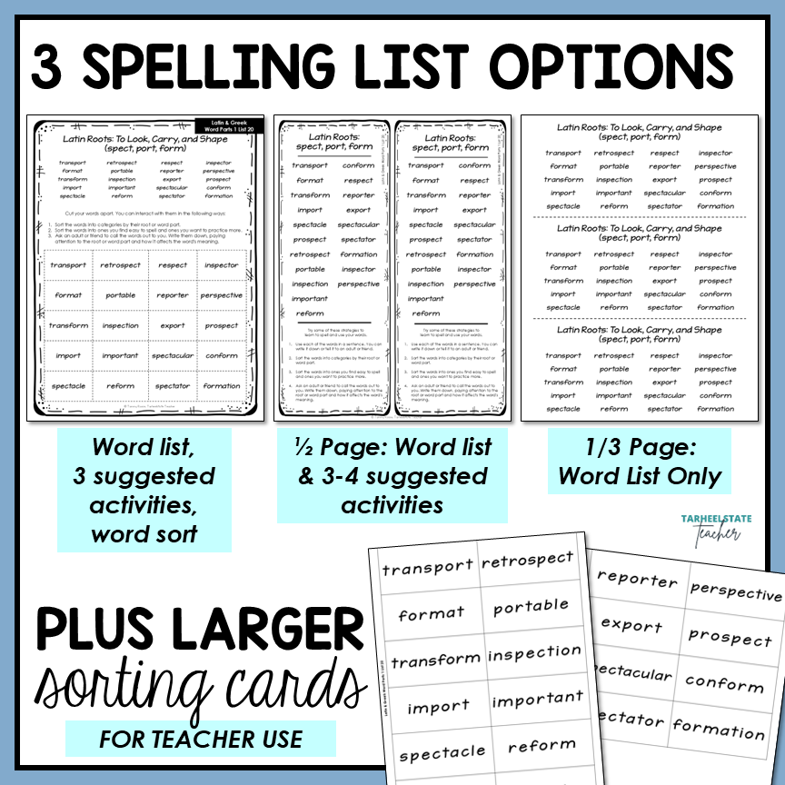 Multiple spelling list options for students to use for at-home spelling practice or in the classroom