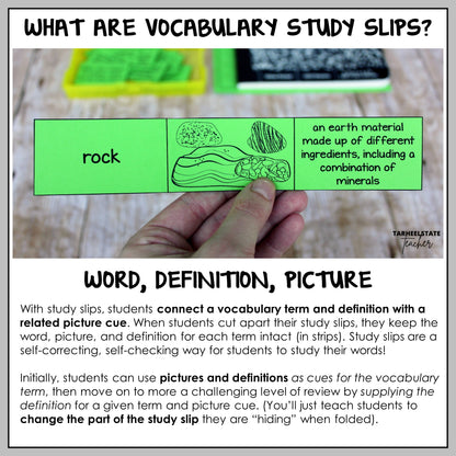 Vocabulary study slips with science term, definition, and picture