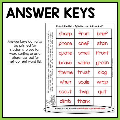 Answer key sheets for syllable and affix sorting activities included