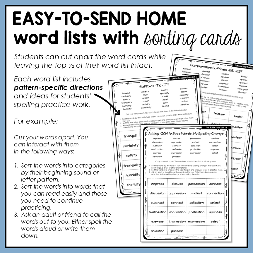 Done-for-you send home word list with sorting cards for spellers in the Derivational Relations stage.