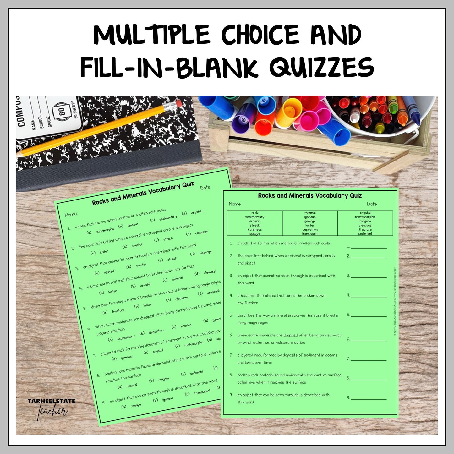 Multiple choice and fill-in-the-blank quizzes for checking student understanding and test prep