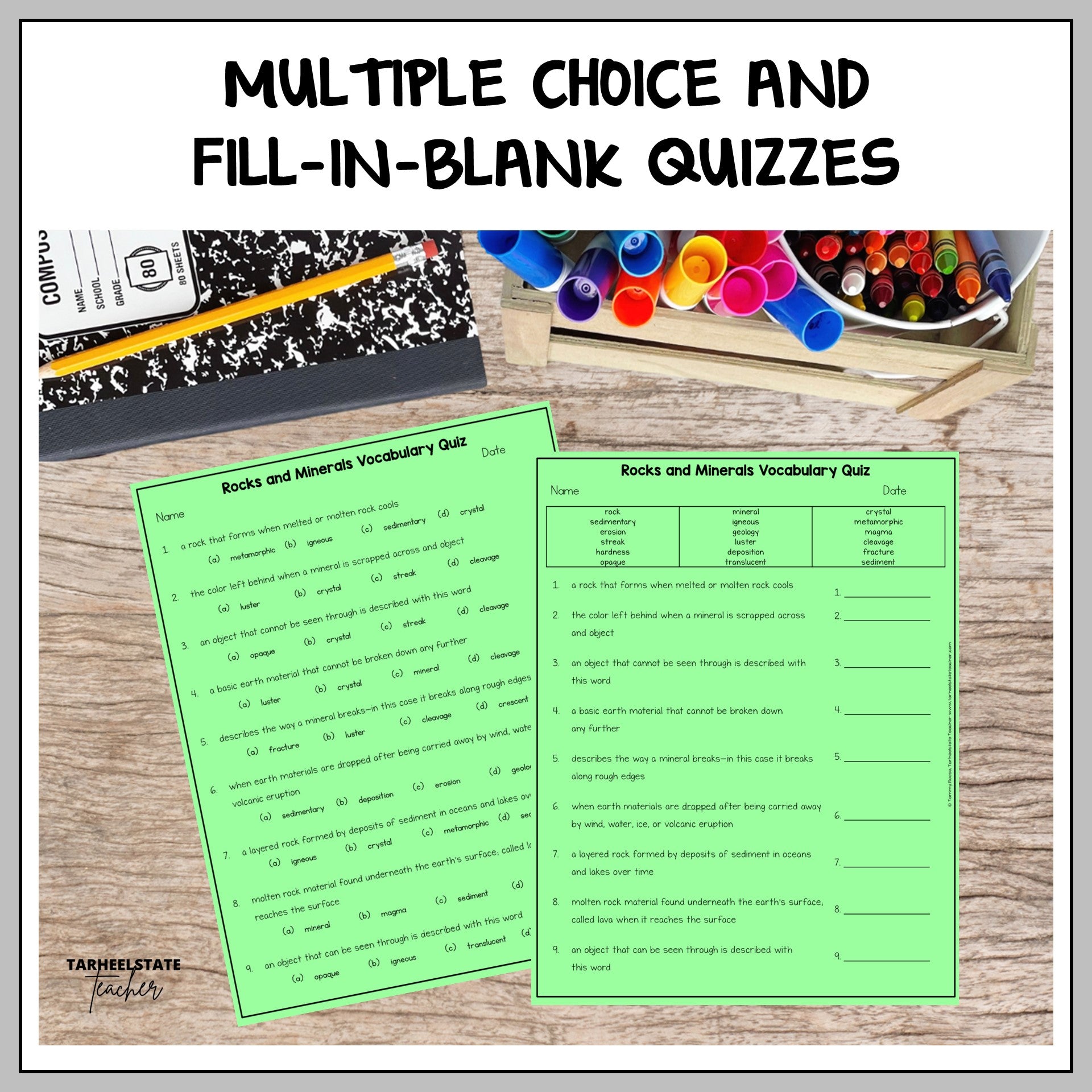 Multiple choice and fill-in-the-blank quizzes for checking student understanding and test prep