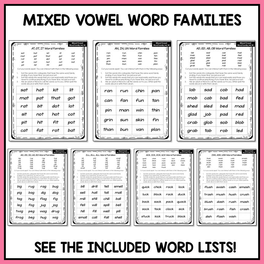 Short A, E, I, O, U Mixed Vowel Word Family Lists Letter Name Activity Printable