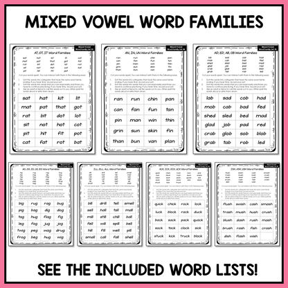 Short A, E, I, O, U Mixed Vowel Word Family Lists Letter Name Activity Printable