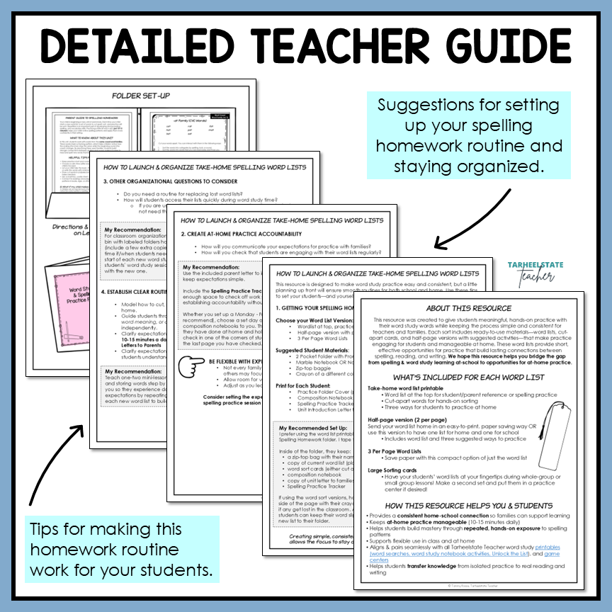 Detailed teacher guide with suggestions for setting up a spelling homework routine.
