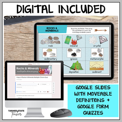 Rocks and minerals resource includes google slides with moveable definitions and google form quizzes to assess student understanding and for test prep purposes.