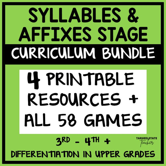 Engaging spelling activities and resources for spellers in the Syllables and Affixes stage including word searches, fill-in-the-blank activities, interactive spelling notebook exercises, partner and independent spelling games, and weekly spelling homework.
