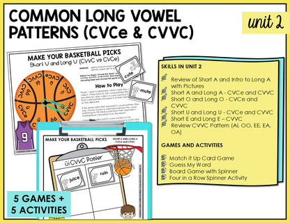 5 partner games and 5 independent activities for students to engage in to practice common long vowel spelling patterns