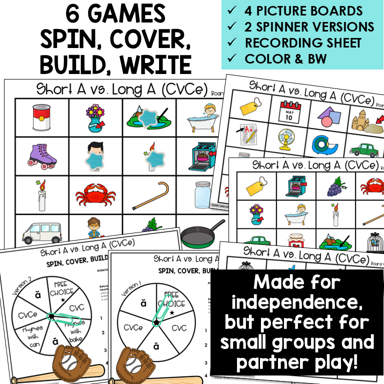Educational game set for teaching short A vs. long A CVCE sounds with picture boards and spinner versions.