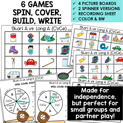 Educational game set for teaching short A vs. long A CVCE sounds with picture boards and spinner versions.