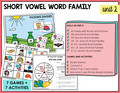 Interactive games and activities for teaching short vowel word families in the Letter Name-Alphabetic stage.