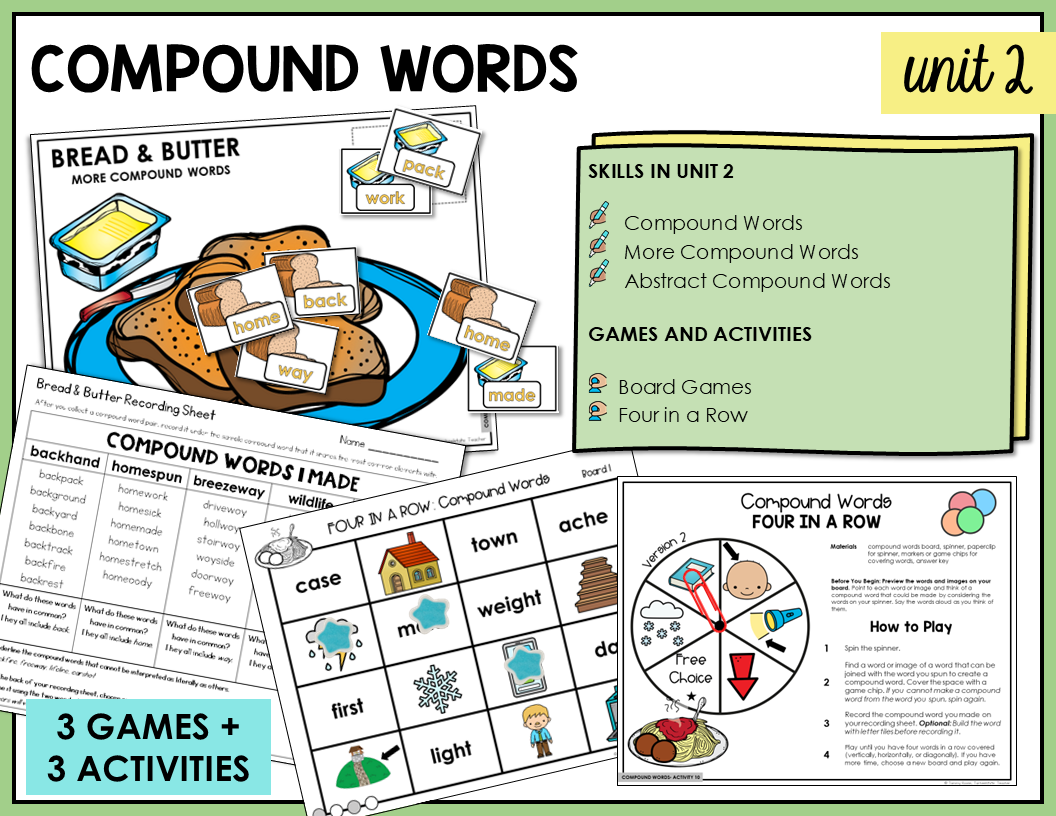 Educational materials for teaching compound words with games and activities.