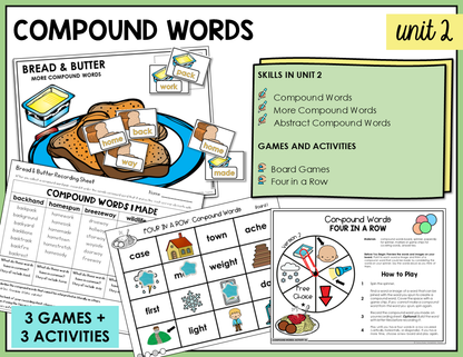 Educational materials for teaching compound words with games and activities.