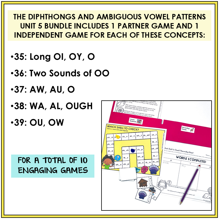 Spelling partner games and independent activities engage students in practicing spelling words with long OI, OY O, two sounds of OO, AW, AU, O, WA, AL, OUGH, OU, OW spelling patterns