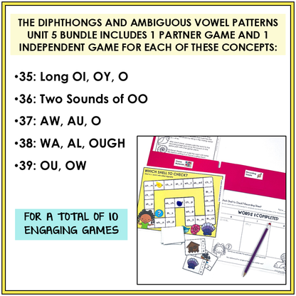 Spelling partner games and independent activities engage students in practicing spelling words with long OI, OY O, two sounds of OO, AW, AU, O, WA, AL, OUGH, OU, OW spelling patterns