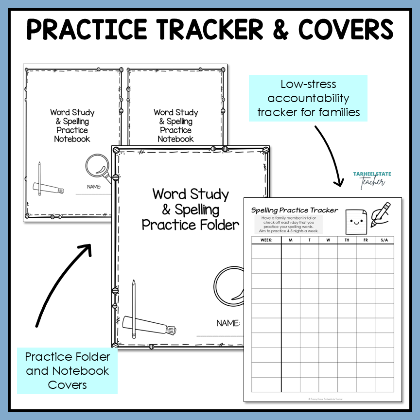 Practice tracker and covers for word study and spelling practice.