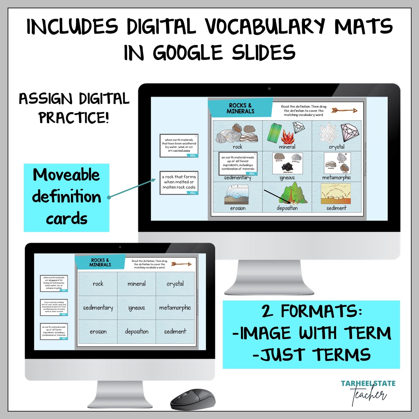 Digital vocabulary mats with Google Slides on a computer screen, featuring text about assign digital practice and movable definition cards.